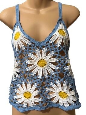 Rebellion Light Blue Crochet Daisy Camisole with White & Yellow Flowers